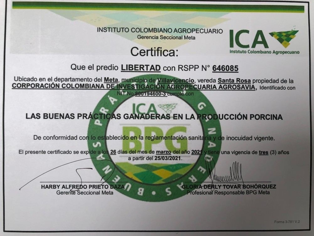 Certificado BPP AGROSAVIA