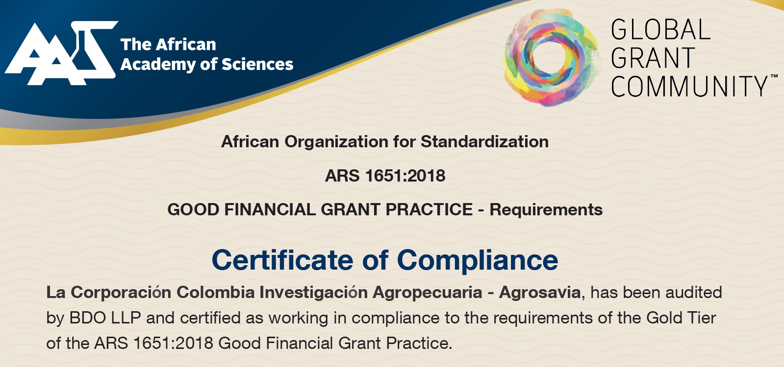 AGROSAVIA obtiene certificación Good Financial Grant Practice nivel oro