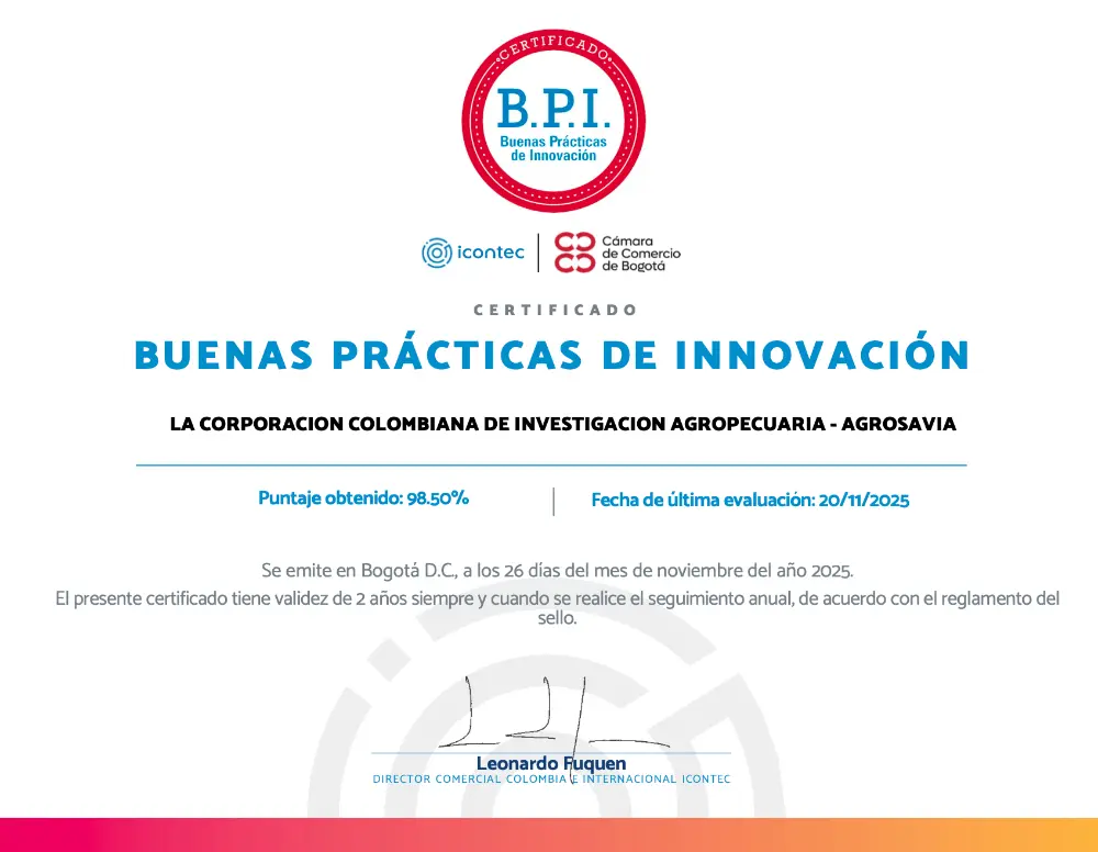 AGROSAVIA obtains the Advanced-Level Good Innovation Practices Certificate