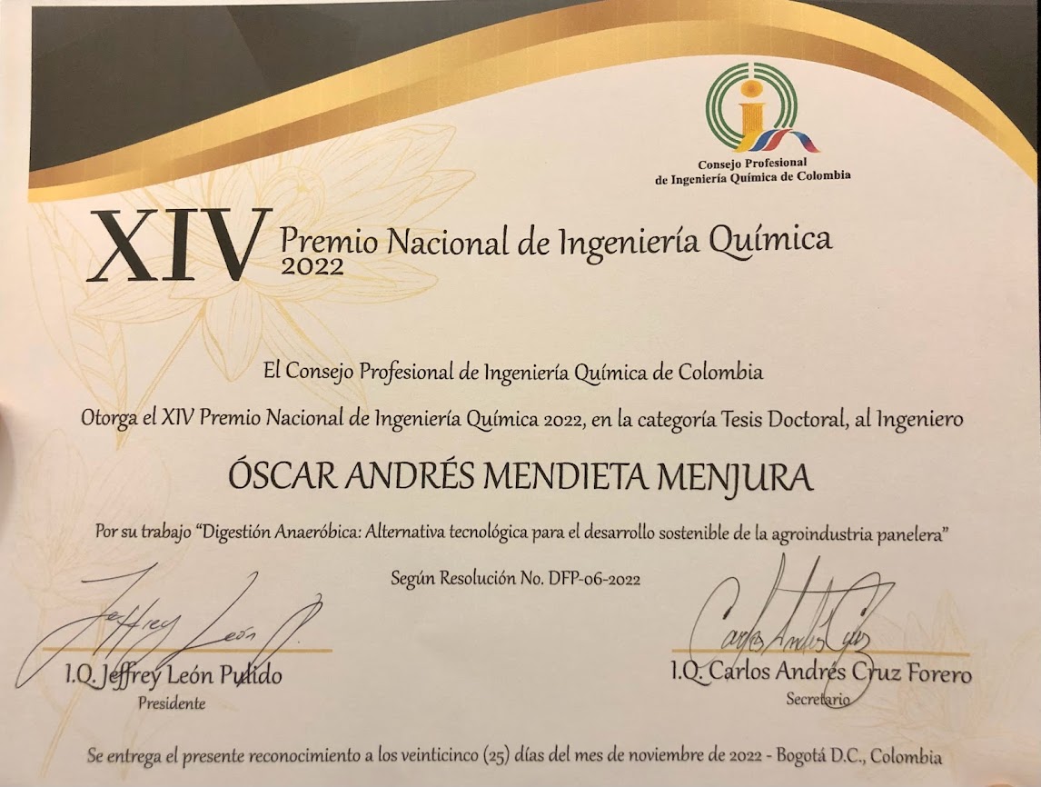 Investigador de AGROSAVIA recibió el XIV Premio Nacional de Ingeniería Química 2022 en la categoría Tesis Doctoral